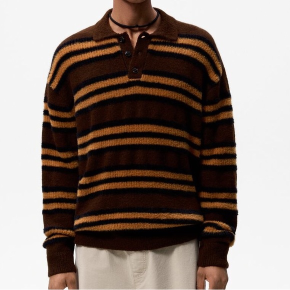 Zara Other - Zara soft striped knitted polo shirt mocha color NWT men’s sz large